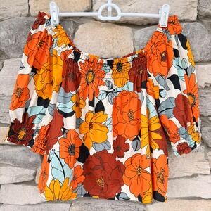 BB Dakota by Steve Madden Retro Floral Smocked Off-Shoulder Crop Top L